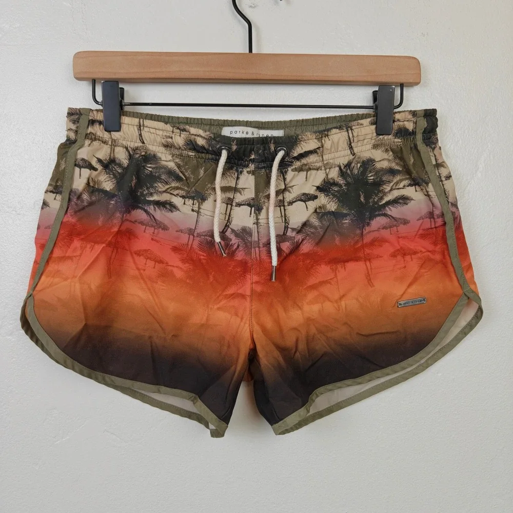 Parke Ronen Mens Swim Trunks Small Orange Tropical Sunset Palm Tree Dolphin Hem